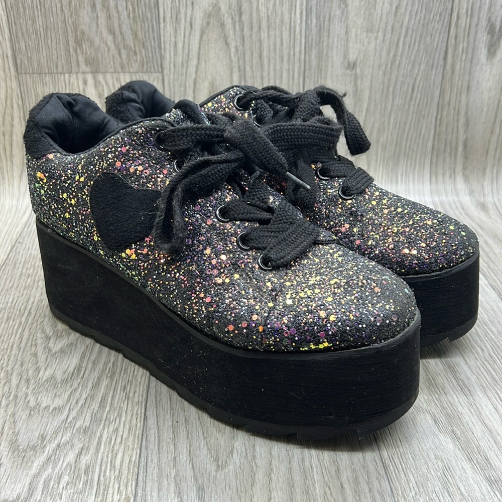 YRU Lala Heart', Black Glitter Platform Sneaker